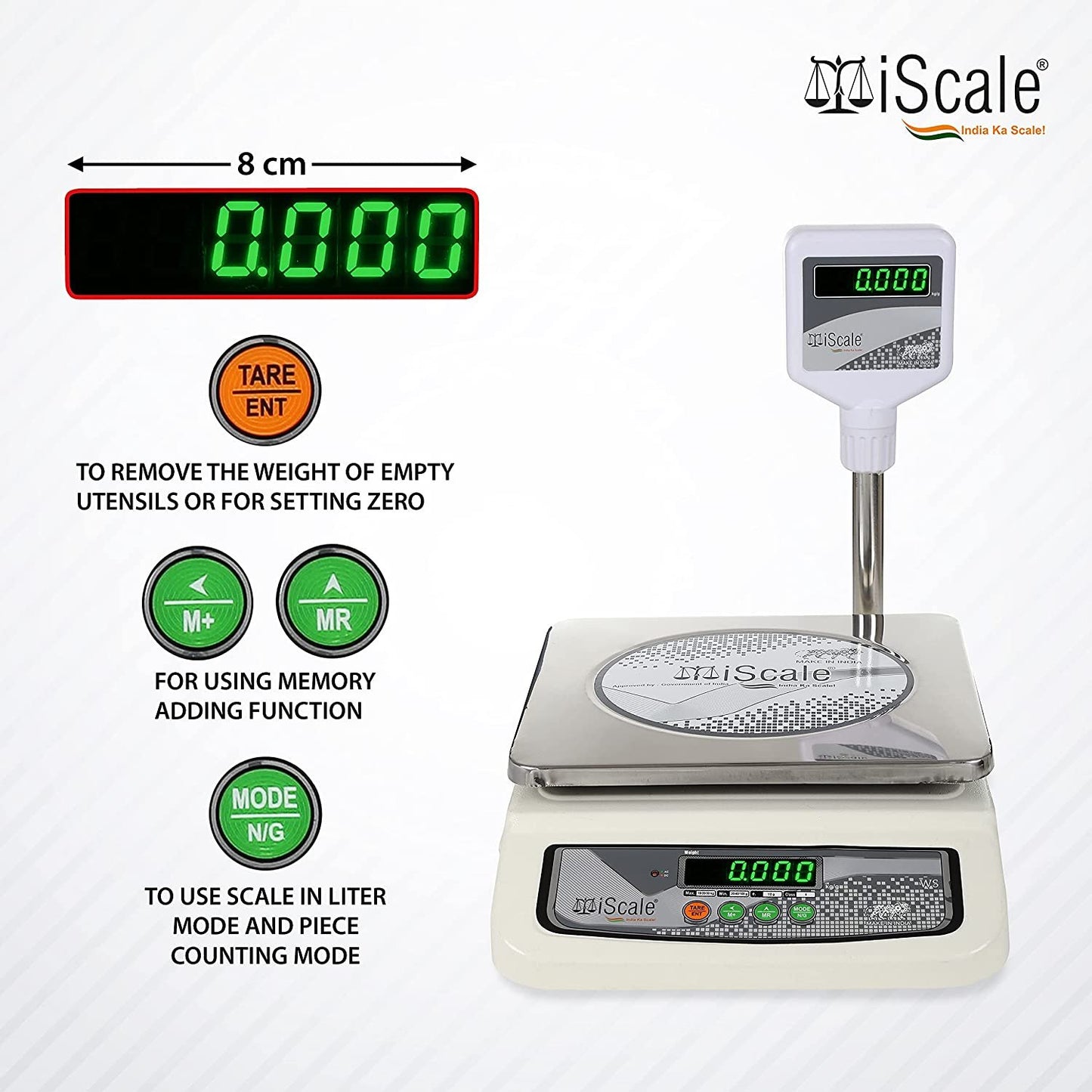 iScale i-05, 30kg x 1g commercial scale with stamp & certificate, 250x300mm SS Pan,Pole Green Display, Chargeable