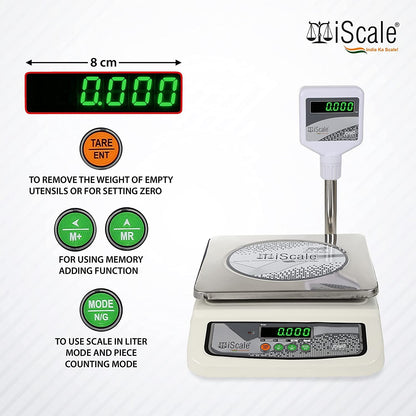 iScale i-05, 30kg x 1g commercial scale with stamp & certificate, 250x300mm SS Pan,Pole Green Display, Chargeable