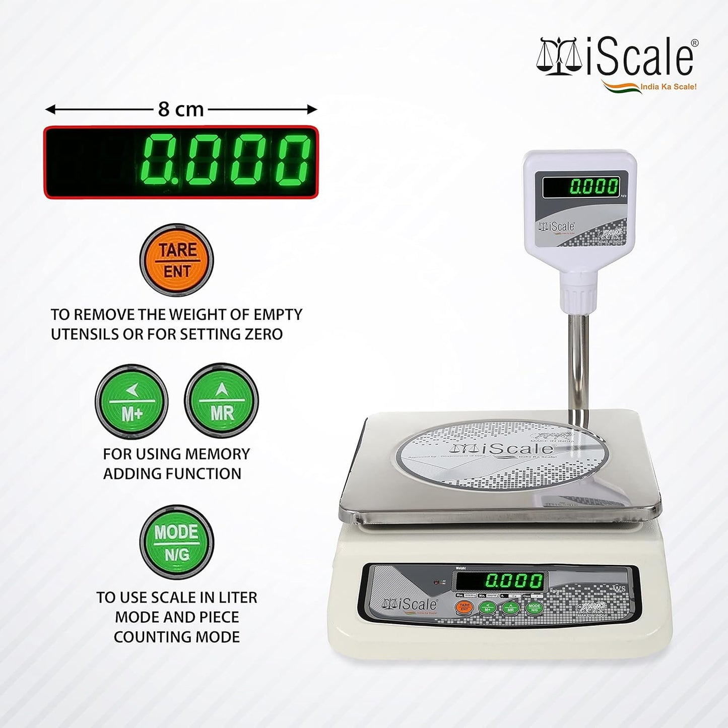 iScale i-05-RS232, 30kg x 1g commercial scale with stamp & certificate, 250x300mm SS Pan, Front & Pole Green Display, Rechargeable