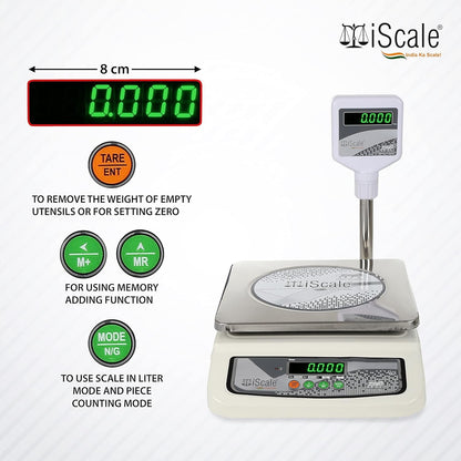 iScale i-05-RS232, 30kg x 1g commercial scale with stamp & certificate, 250x300mm SS Pan, Front & Pole Green Display, Rechargeable