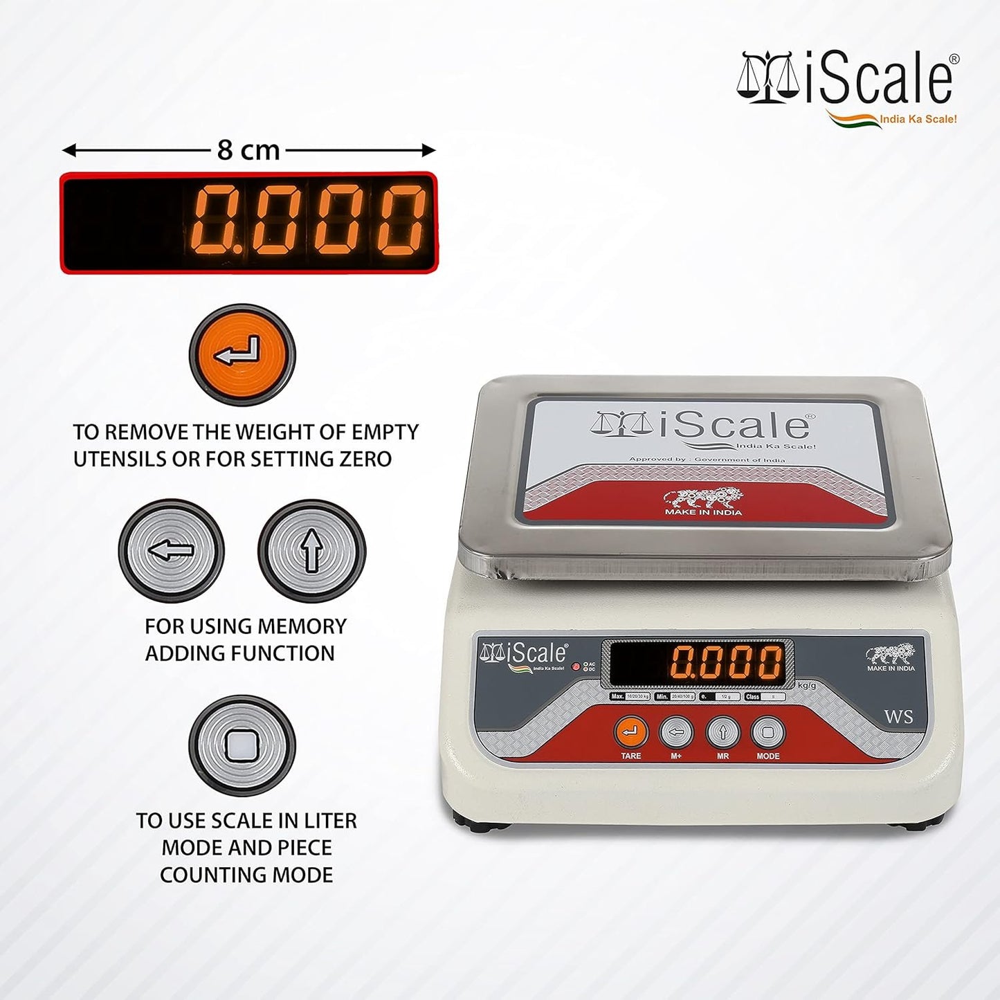 iScale i-03-RS232, 10kg x 1g commercial scale with stamp & certificate, 175x225mm SS Pan, Front & Back Red Display, Rechargeable