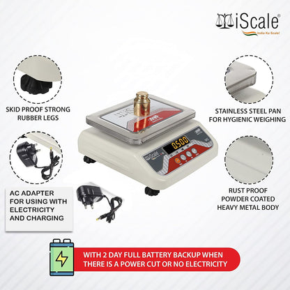 iScale i-03, 10kg x 1g commercial scale with stamp & certificate, 175x225mm SS Pan, Front & Back Red Display, Rechargeable