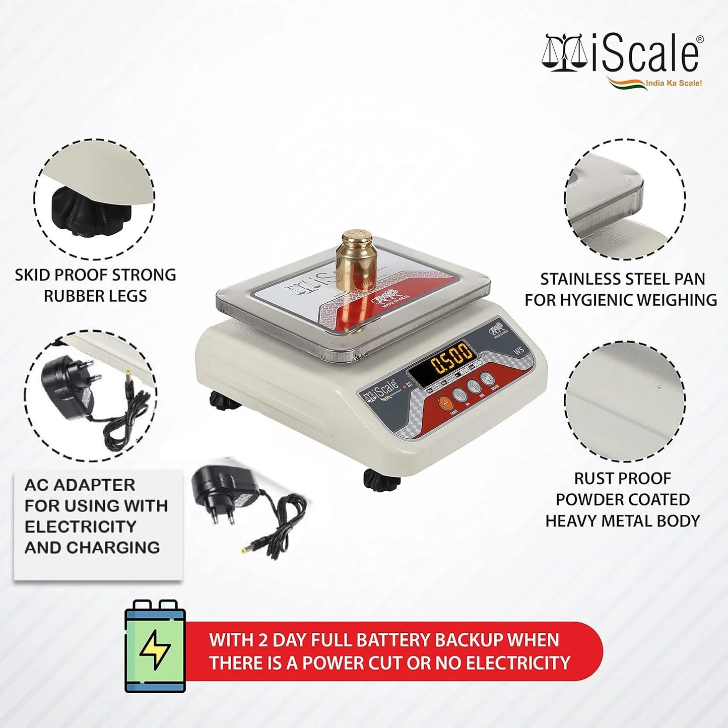 iScale S-03 10kg x 1g Smart Bluetooth Scale | Stamp & Certificate | 175x225mm SS Pan | Free Android & Windows Weight Recording App | Front & Front Back Red Display