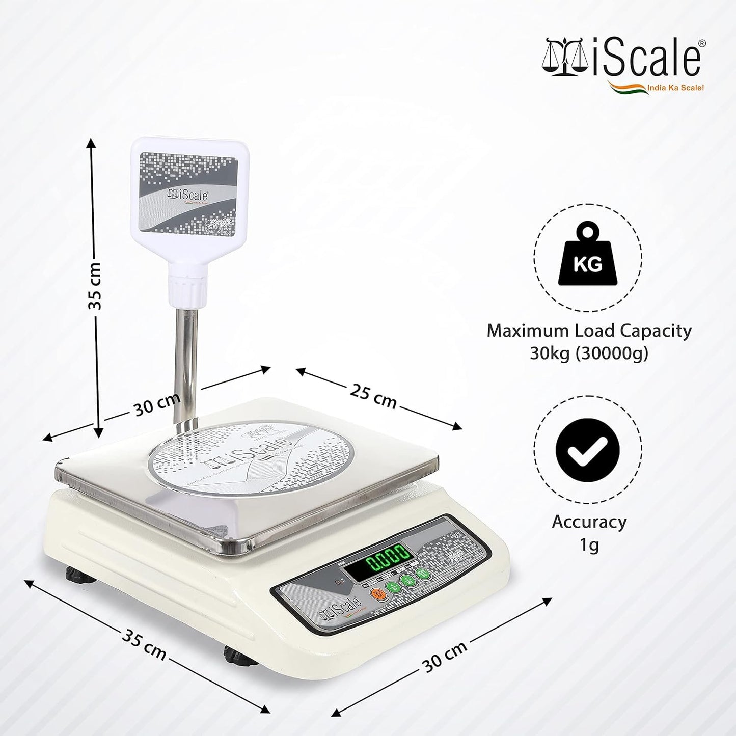 iScale i-05-RS232, 30kg x 1g commercial scale with stamp & certificate, 250x300mm SS Pan, Front & Pole Green Display, Rechargeable