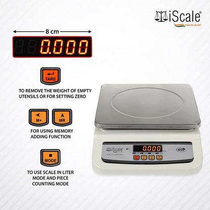 iScale i-02, 30kg x 1g commercial scale with stamp & certificate, 250x300mm SS Pan, Front & Back Red Display, Rechargeable