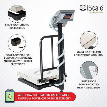 iScale i-12 Bluetooth Platform Scale | 100kg× 10g | SS Pan size 400x400mm | Front & Back Red Display | Free Android/Pc App Billing | For Commercial & Industrial Use