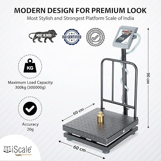 iScale i-19 Bluetooth Platform Scale | 300kg× 50g | MS Pan size 600x600mm | Front & Back Red Display | Free Android/Pc App Billing | For Commercial & Industrial Use