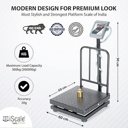 iScale i-19 Bluetooth Platform Scale | 300kg× 50g | MS Pan size 600x600mm | Front & Back Red Display | Free Android/Pc App Billing | For Commercial & Industrial Use