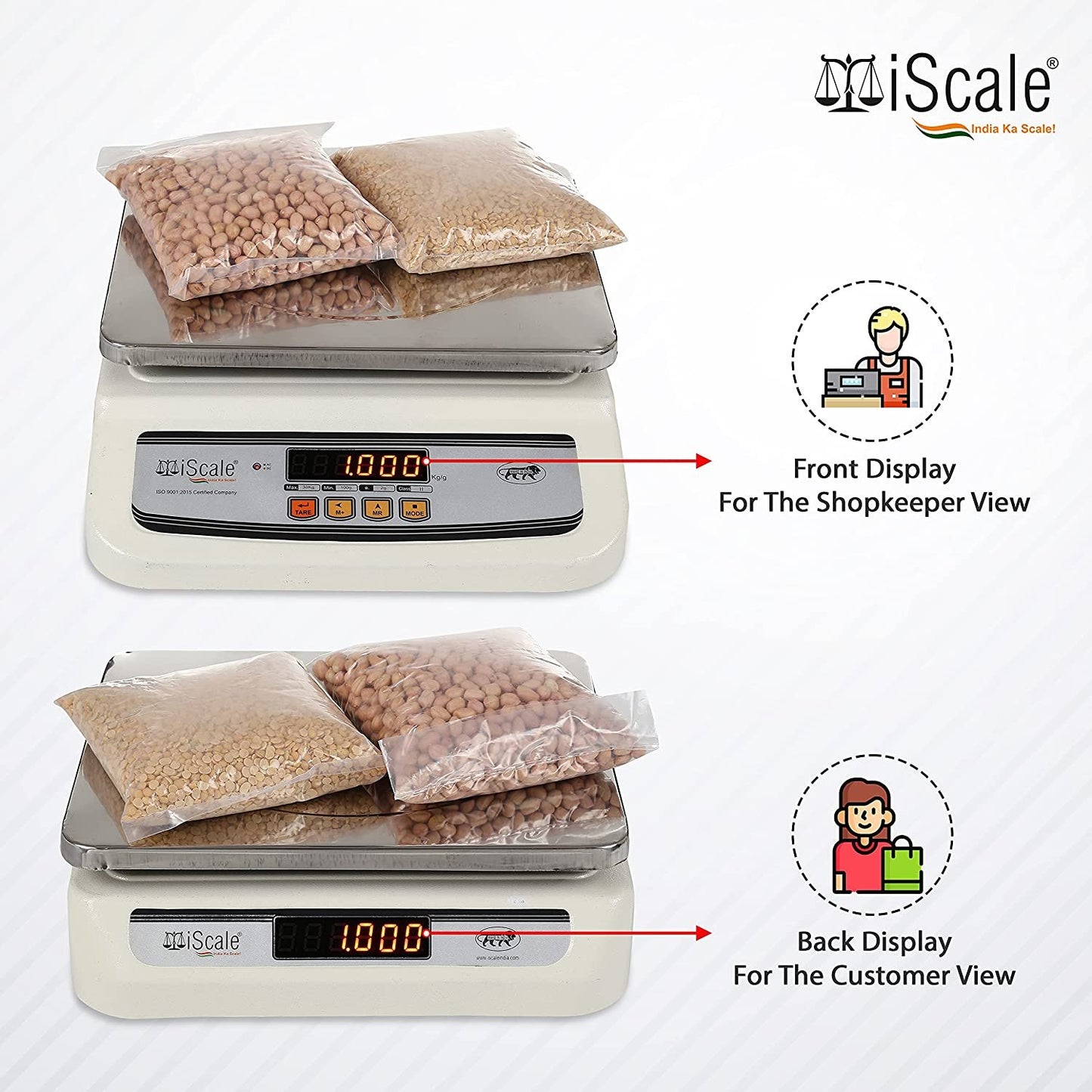 iScale i-02, 30kg x 1g commercial scale with stamp & certificate, 250x300mm SS Pan, Front & Back Red Display, Rechargeable