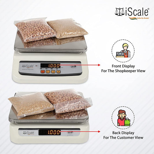 iScale i-02, 30kg x 1g commercial scale with stamp & certificate, 250x300mm SS Pan, Front & Back Red Display, Rechargeable