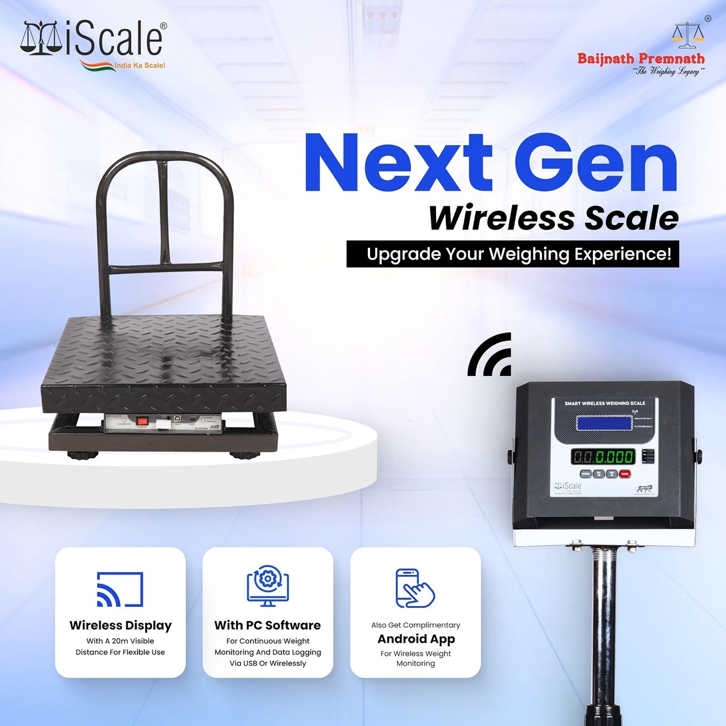 iScale W-150m Wireless Weighing Scale 150kg, 20g Accuracy | 450x450mm MS Platform | PC & Android App | OIML & ISO Certified | Maintenance-Free Weight Machine for Shop, Industrial & Commercial Use