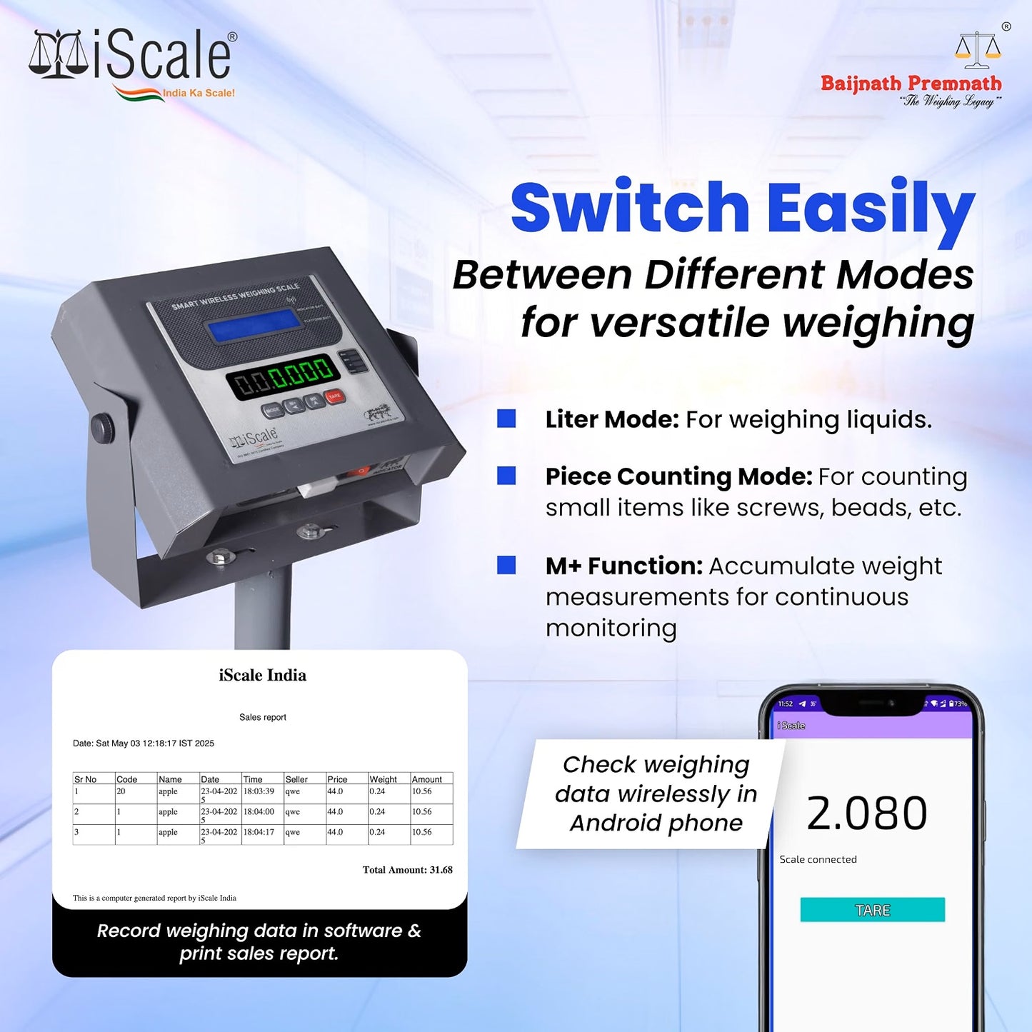 iScale W-150m Wireless Weighing Scale 150kg, 20g Accuracy | 450x450mm MS Platform | PC & Android App | OIML & ISO Certified | Maintenance-Free Weight Machine for Shop, Industrial & Commercial Use