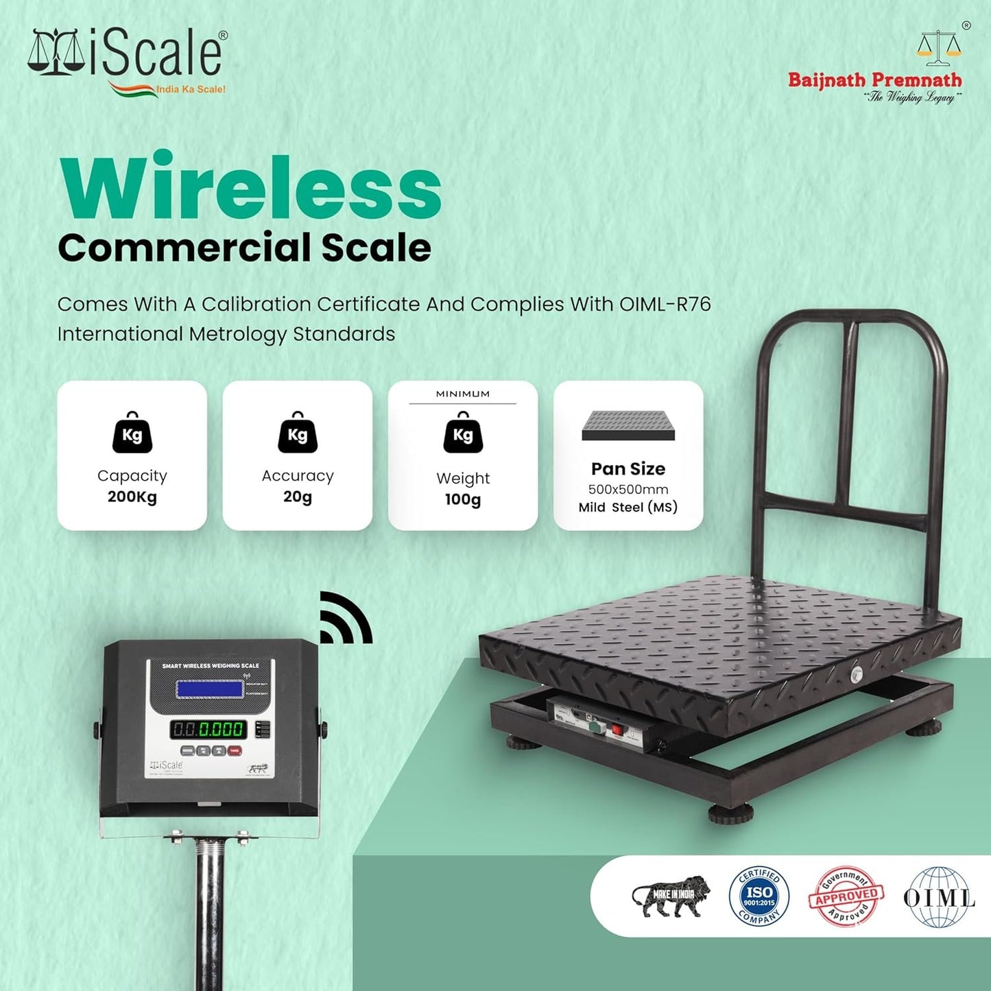 iScale W-200m Wireless Weighing Scale 200kg, 20g Accuracy | 500x500mm MS Platform | PC & Android App | OIML & ISO Certified | Maintenance-Free Weight Machine for Shop, Industrial & Commercial Use