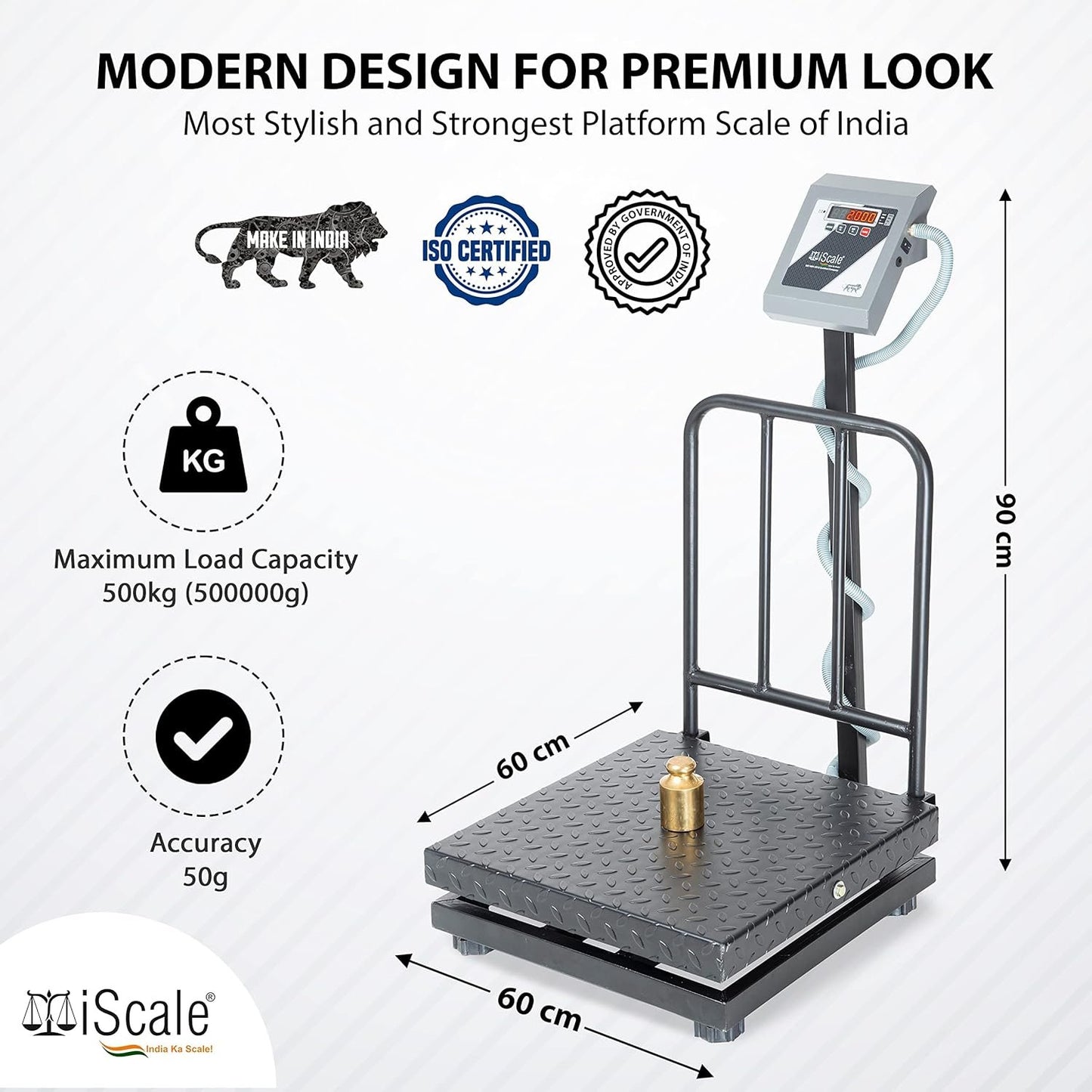 iScale i-19 Bluetooth Platform Scale | 500kg× 50g | MS Pan size 600x600mm | Front & Back Red Display | Free Android/Pc App Billing | For Commercial & Industrial Use