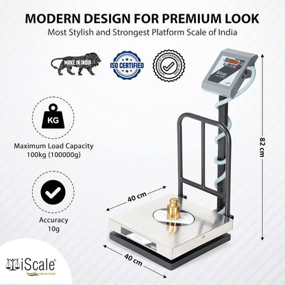 iScale i-12 Bluetooth Platform Scale | 100kg× 10g | SS Pan size 400x400mm | Front & Back Red Display | Free Android/Pc App Billing | For Commercial & Industrial Use