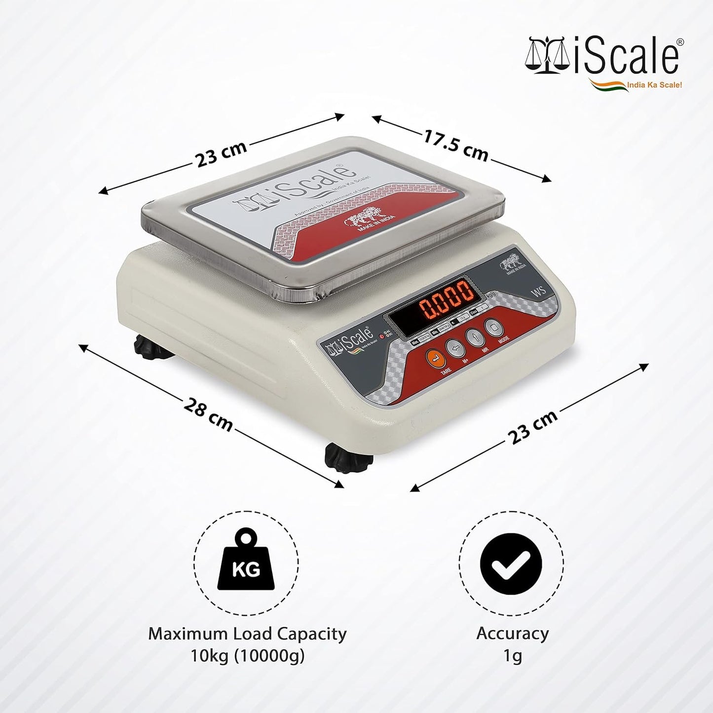 iScale i-03-RS232, 10kg x 1g commercial scale with stamp & certificate, 175x225mm SS Pan, Front & Back Red Display, Rechargeable