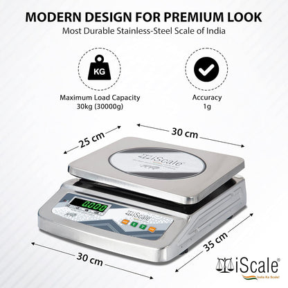 iScale i-07-Rs232, 30kg x 1g commercial scale with stamp & certificate, 250x300mm SS Pan, Front & Back Green Display, Rechargeable