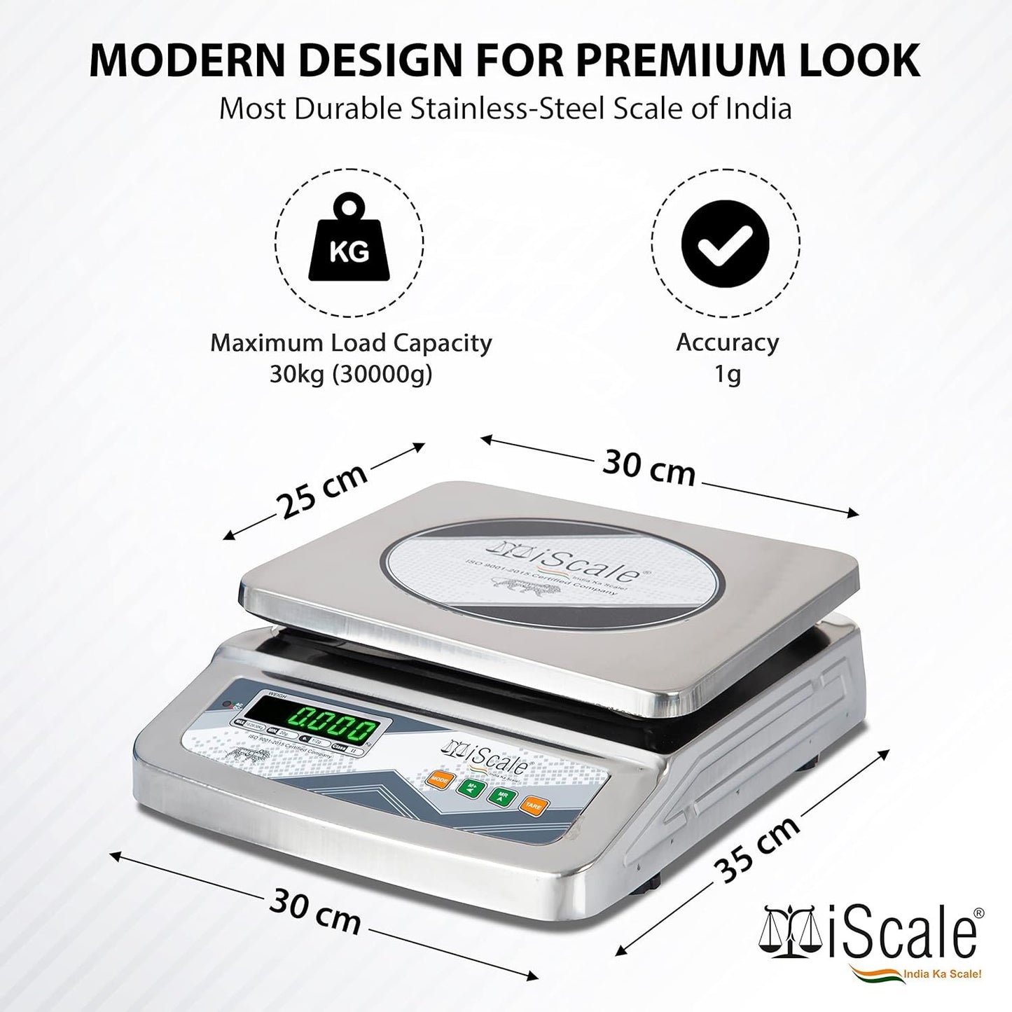 iScale i-07 Bluetooth Table Top Scale | 30kg× 1g | SS Pan size 250x300mm | Front & Back Green Display | Free Android/Pc App Billing | For Commercial & Industrial Use