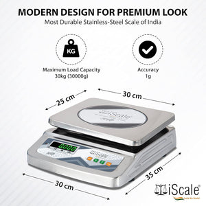 iScale S-07 30kg x 1g Smart Bluetooth Scale | Stamp & Certificate | 250x300mm SS Pan | Free Android & Windows Weight Recording App | Front & Back Green Display