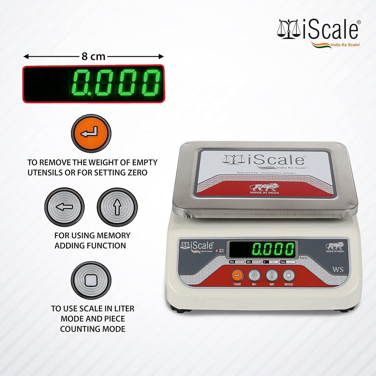 iScale S-04 15kg x 500mg Smart Bluetooth Scale | Stamp & Certificate | 175x225mm SS Pan | Free Android & Windows Weight Recording App | Front & Back Green Display