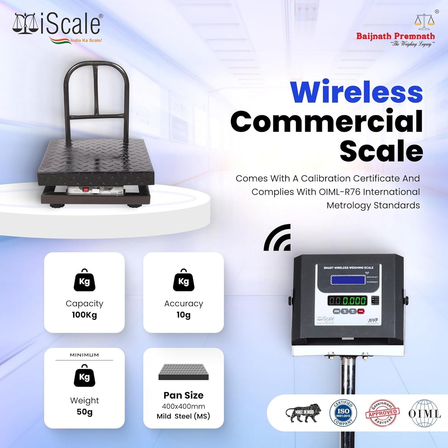 iScale W-100m Wireless Weighing Scale 100kg, 10g Accuracy | 400x400mm MS Platform | PC & Android App | OIML & ISO Certified | Maintenance-Free Weight Machine for Shop, Industrial & Commercial Use