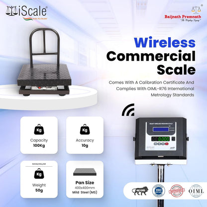 iScale W-100m Wireless Weighing Scale 100kg, 10g Accuracy | 400x400mm MS Platform | PC & Android App | OIML & ISO Certified | Maintenance-Free Weight Machine for Shop, Industrial & Commercial Use