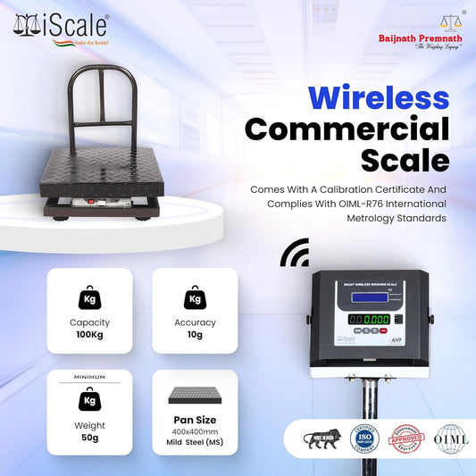iScale W-100m Wireless Weighing Scale 100kg, 10g Accuracy | 400x400mm MS Platform | PC & Android App | OIML & ISO Certified | Maintenance-Free Weight Machine for Shop, Industrial & Commercial Use