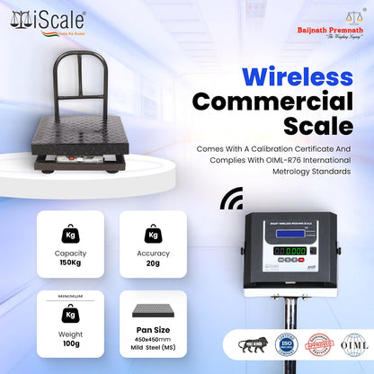 iScale W-150m Wireless Weighing Scale 150kg, 20g Accuracy | 450x450mm MS Platform | PC & Android App | OIML & ISO Certified | Maintenance-Free Weight Machine for Shop, Industrial & Commercial Use