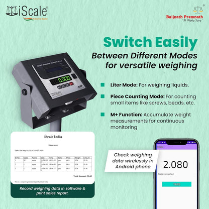 iScale W-200m Wireless Weighing Scale 200kg, 20g Accuracy | 500x500mm MS Platform | PC & Android App | OIML & ISO Certified | Maintenance-Free Weight Machine for Shop, Industrial & Commercial Use