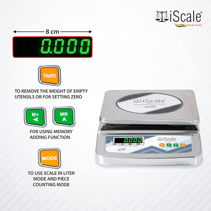iScale i-07-Rs232, 30kg x 1g commercial scale with stamp & certificate, 250x300mm SS Pan, Front & Back Green Display, Rechargeable