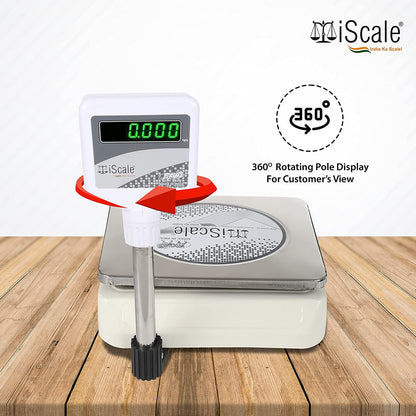 iScale i-05, 30kg x 1g commercial scale with stamp & certificate, 250x300mm SS Pan,Pole Green Display, Chargeable