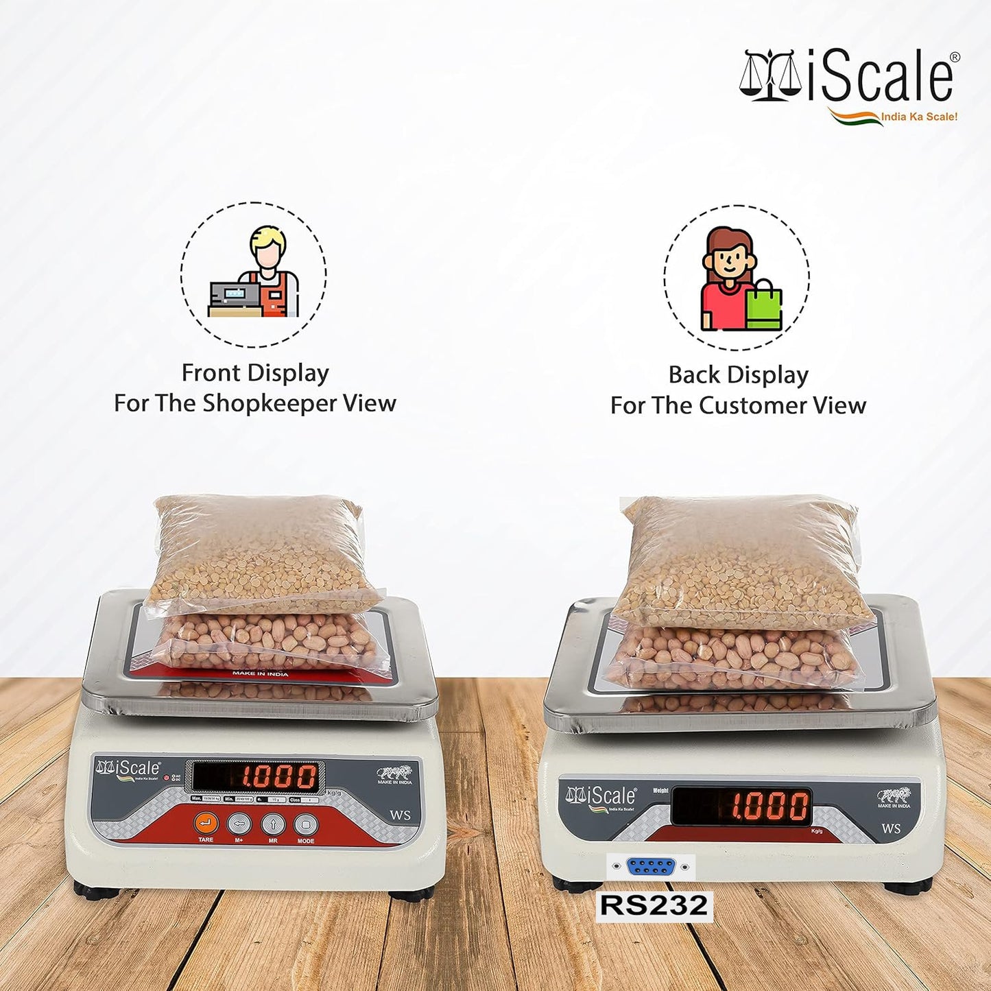 iScale i-03-RS232, 10kg x 1g commercial scale with stamp & certificate, 175x225mm SS Pan, Front & Back Red Display, Rechargeable