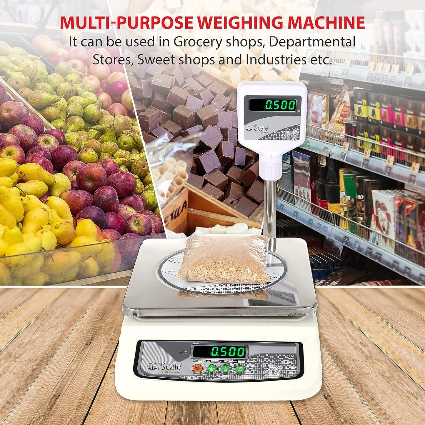 iScale i-05-RS232, 30kg x 1g commercial scale with stamp & certificate, 250x300mm SS Pan, Front & Pole Green Display, Rechargeable