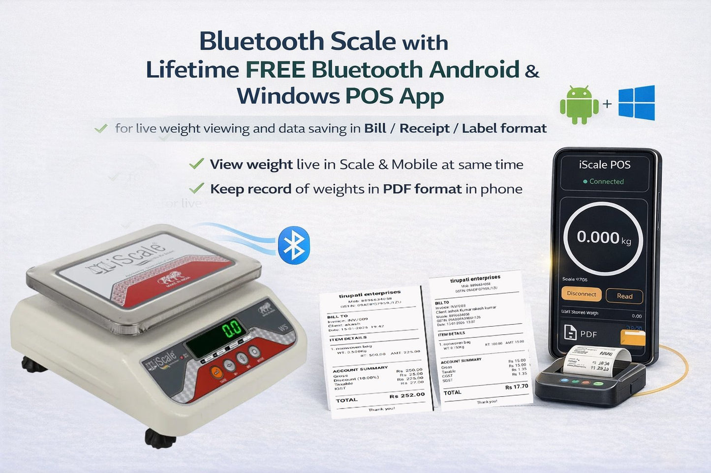 iScale i-04 Bluetooth Platform Scale | 6kg× 100mg | SS Pan size 175x225mm | Front & Back Green Display | Free Android/Pc App Billing | For Commercial & Industrial Use