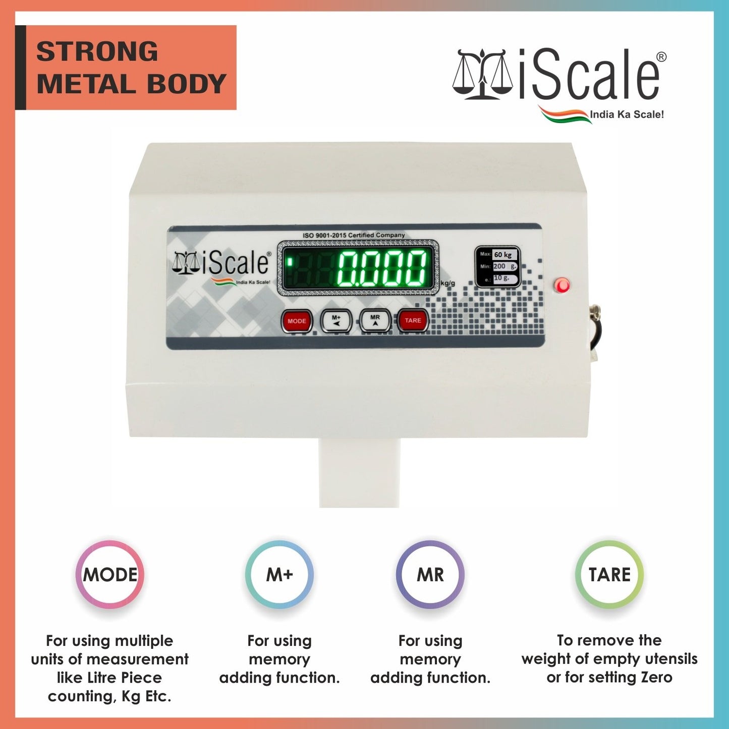 iScale ISP-60S, 60kg x 10g platform scale, 400x400mm SS Pan, Front & Back Red Display, Chargeable