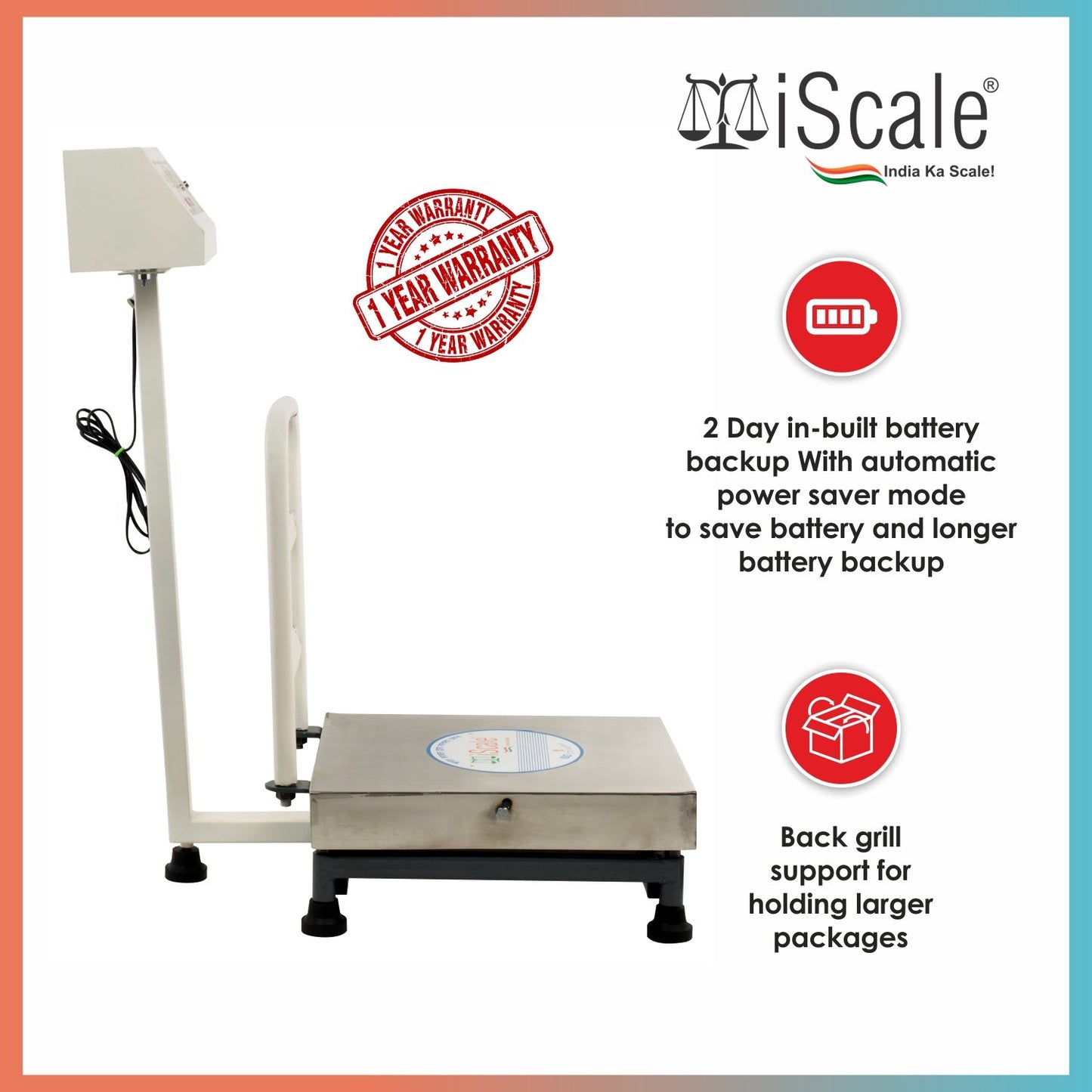 iScale ISP-60S, 60kg x 10g platform scale, 400x400mm SS Pan, Front & Back Red Display, Chargeable