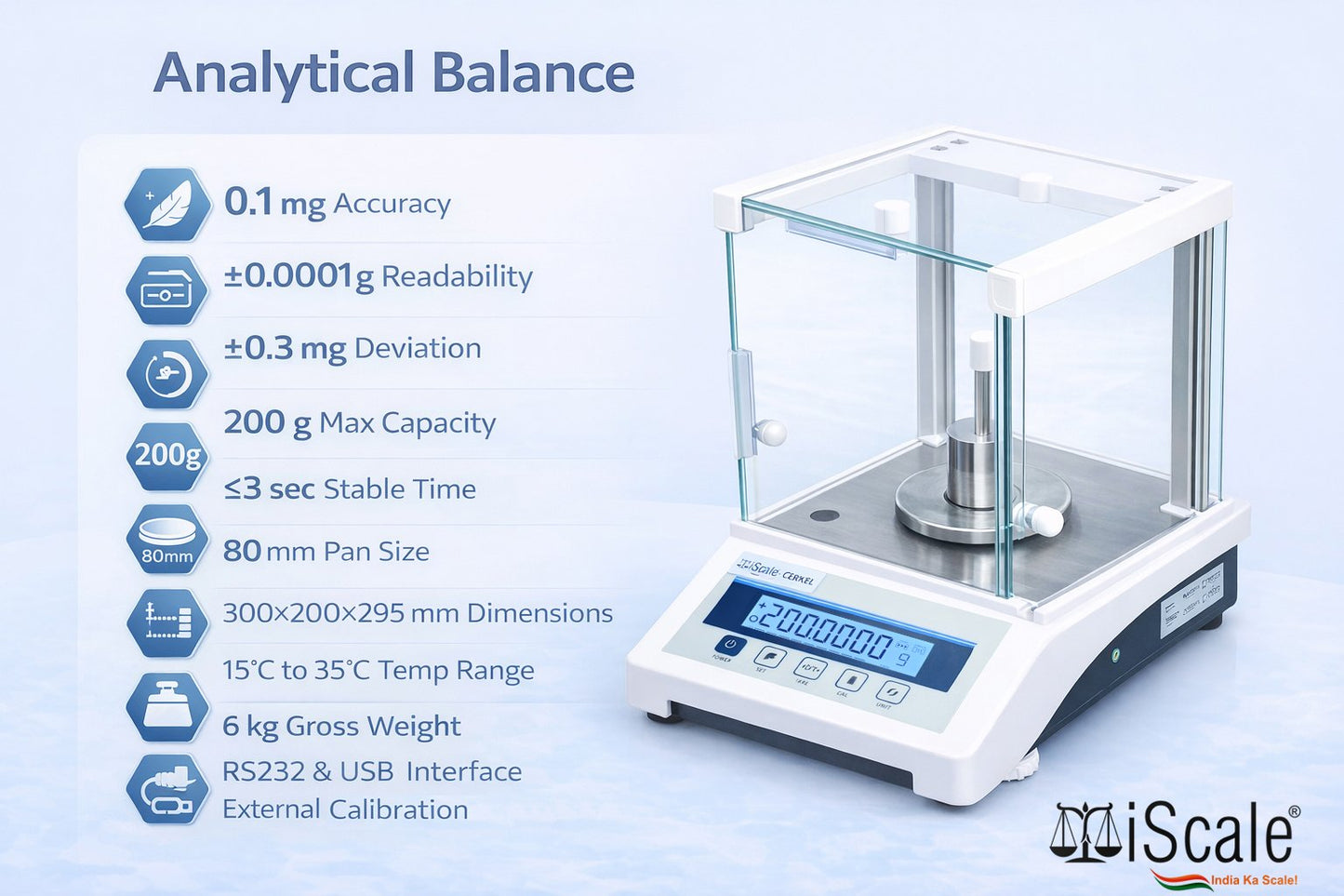 iScale Cerkel i-36 Analytical Balance 200g x 0.0001g (0.1mg) Precision | Repeatability ±0.3mg (0.0003) | NABL Calibration Certificate & 200g Test Weight | Ideal for Gold Jewellery, Lab & Research purpose | RS232 Serial Port | External Calibration