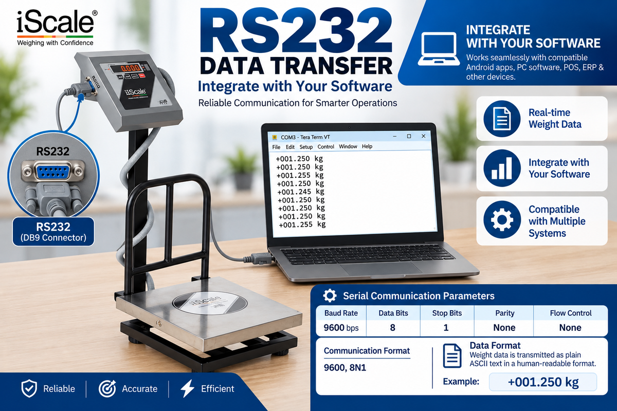 iScale i-11-RS232, 50kg x 5g platform scale, 350x350mm SS Pan, Front & Back Red Display,With RS232 Serial Port, Chargeable
