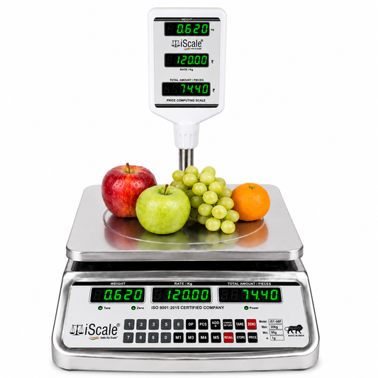 iScale i-08P: 30kg x 1g Price Computing & Piece Counting scale with stamp & certificate, SS Body, Front & Pole Green Display, Rechargeable