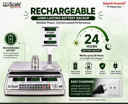 iScale i-08P: 30kg x 1g Price Computing & Piece Counting scale with stamp & certificate, SS Body, Front & Pole Green Display, Rechargeable