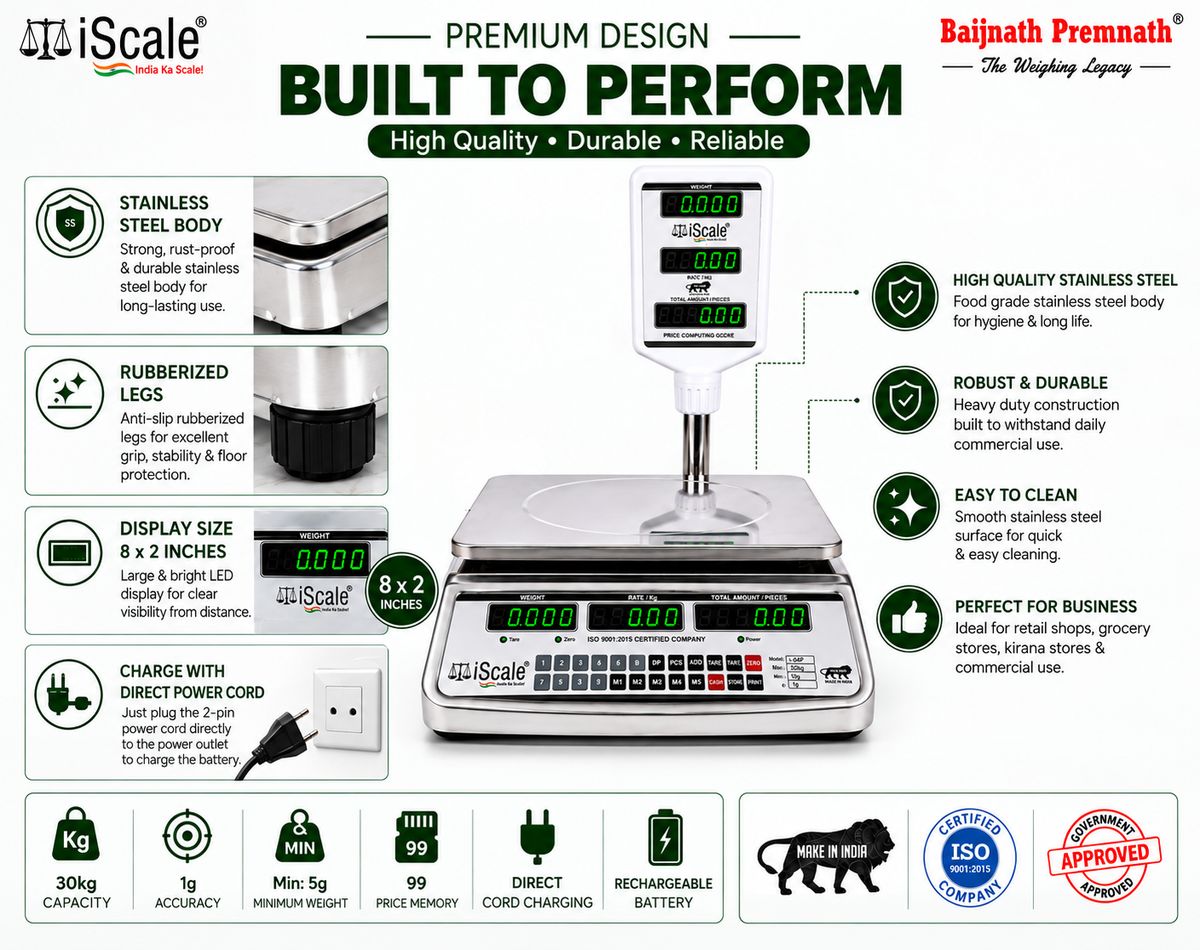 iScale i-08P: 30kg x 1g Price Computing & Piece Counting scale with stamp & certificate, SS Body, Front & Pole Green Display, Rechargeable