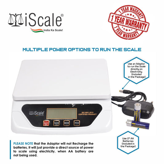 iScale i-500 30kg x 1g Electronic Kitchen and Multipurpose Weighing Machine with Direct Power Adapter; Small Pan Size 21.5 x 17.5 cm (For Domestic use, Not A Legal Scale for Commercial use)