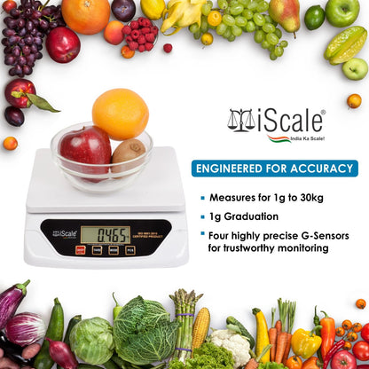 iScale i-500 30kg x 1g Electronic Kitchen and Multipurpose Weighing Machine with Direct Power Adapter; Small Pan Size 21.5 x 17.5 cm (For Domestic use, Not A Legal Scale for Commercial use)