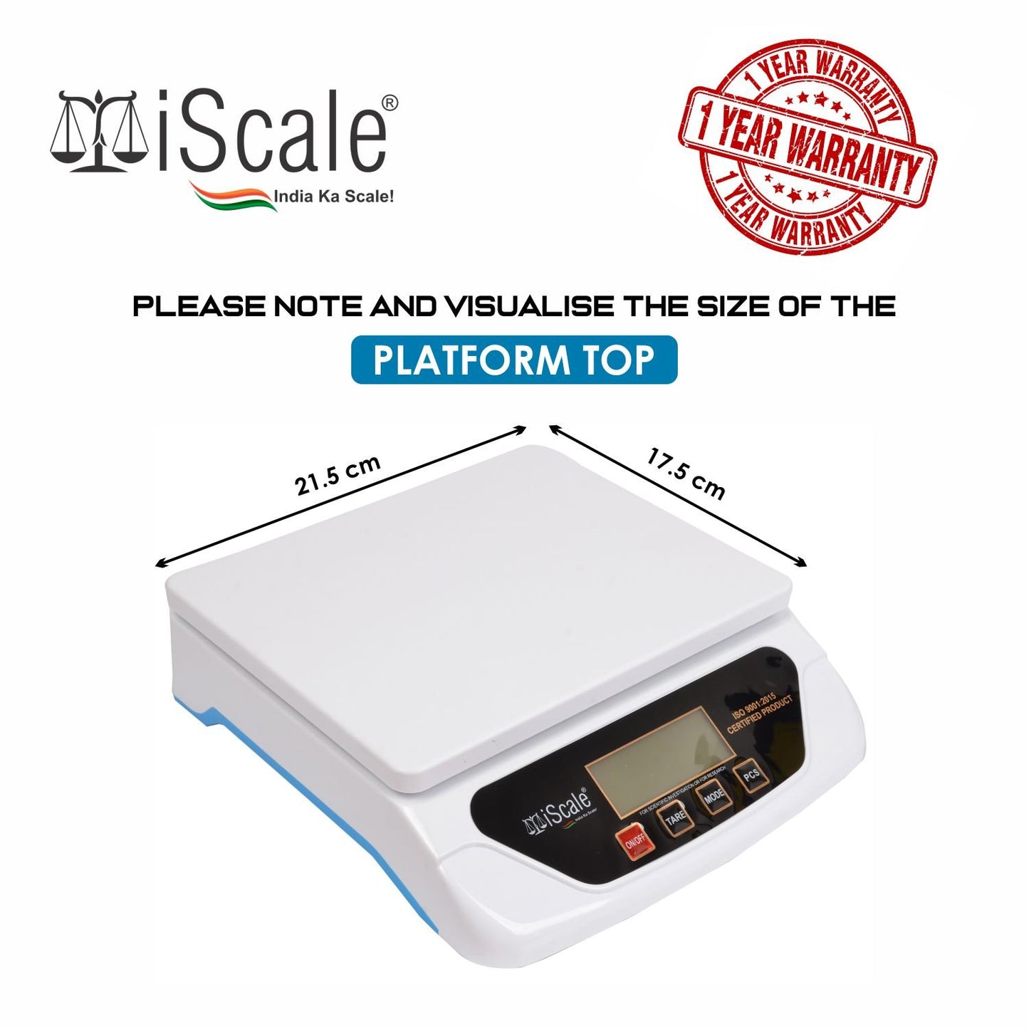 iScale i-500 30kg x 1g Electronic Kitchen and Multipurpose Weighing Machine with Direct Power Adapter; Small Pan Size 21.5 x 17.5 cm (For Domestic use, Not A Legal Scale for Commercial use)