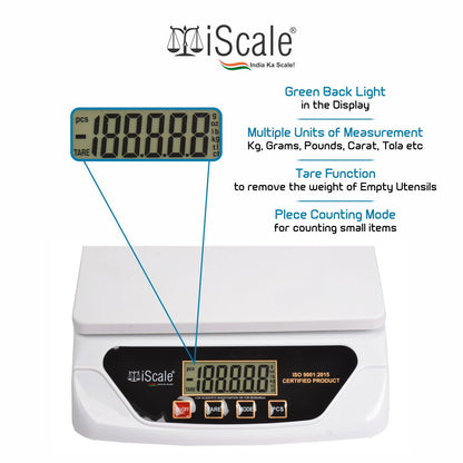 iScale i-500 30kg x 1g Electronic Kitchen and Multipurpose Weighing Machine with Direct Power Adapter; Small Pan Size 21.5 x 17.5 cm (For Domestic use, Not A Legal Scale for Commercial use)