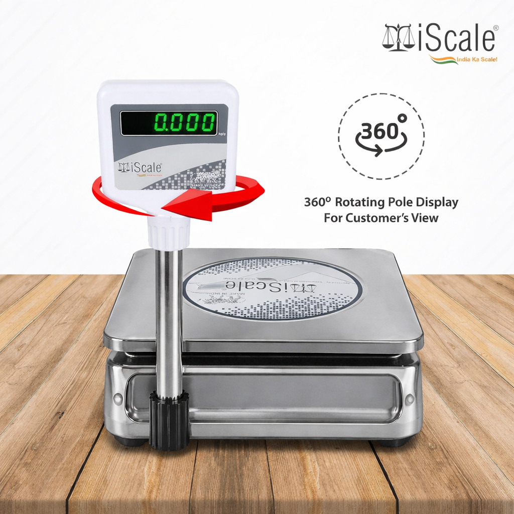 iScale i-07, 30kg x 1g commercial scale with stamp & certificate, 250x300mm SS Pan, Front & Back Green Display, Rechargeable
