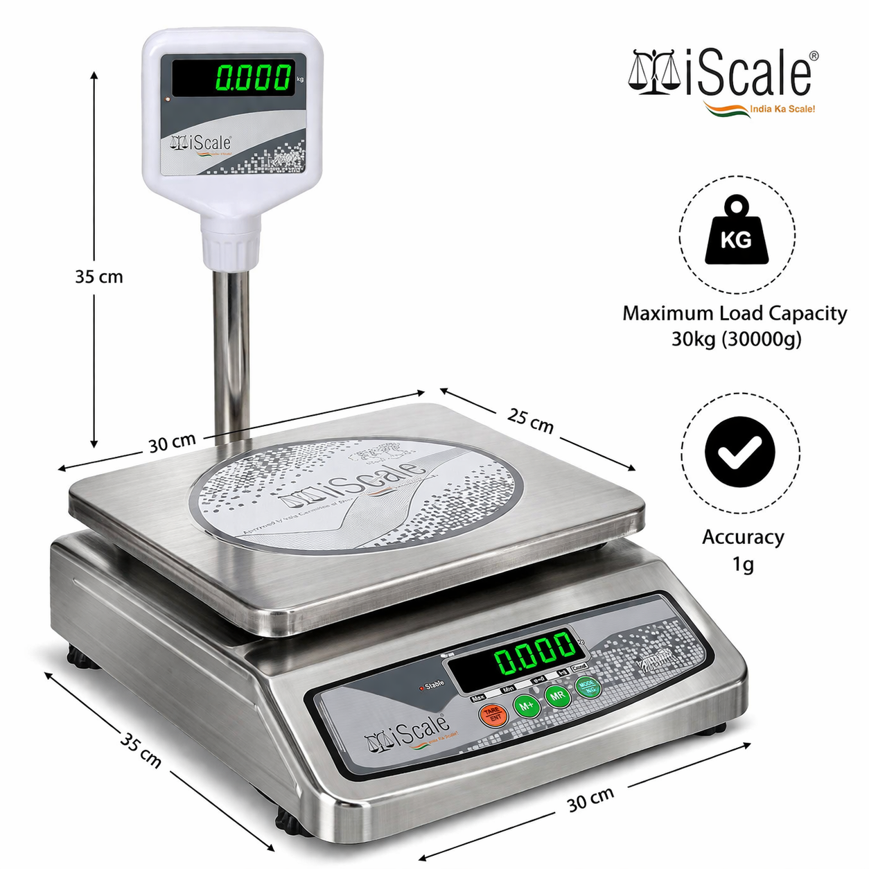 iScale i-07, 30kg x 1g commercial scale with stamp & certificate, 250x300mm SS Pan, Front & Back Green Display, Rechargeable