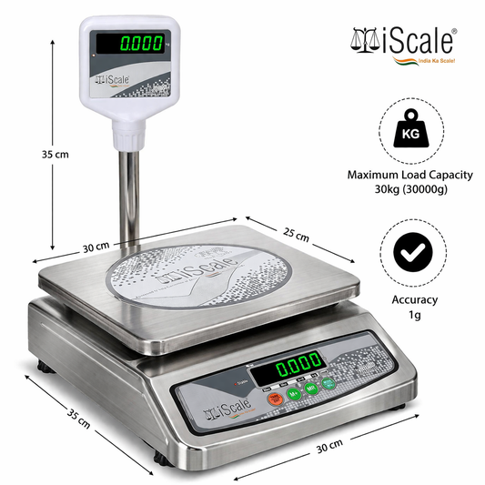 iScale i-07, 30kg x 1g commercial scale with stamp & certificate, 250x300mm SS Pan, Front & Back Green Display, Rechargeable