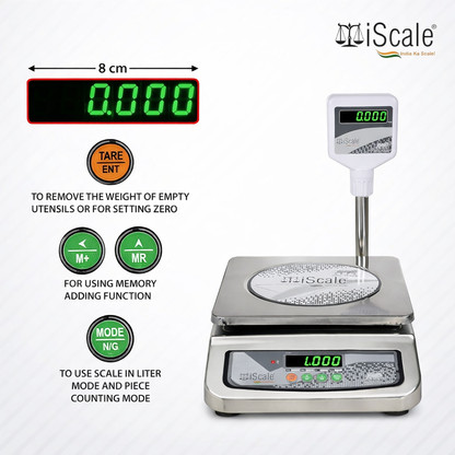 iScale i-07, 30kg x 1g commercial scale with stamp & certificate, 250x300mm SS Pan, Front & Back Green Display, Rechargeable
