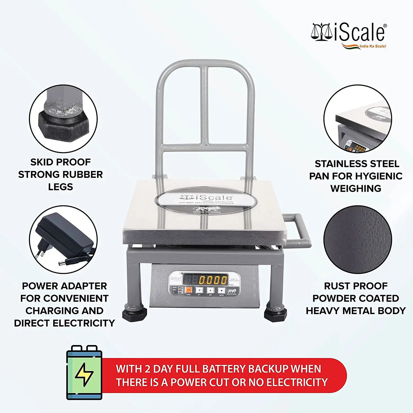 iScale i-20, 50kg x 5g commercial portable scale with stamp & certificate, 300x300mm SS Pan, Front & Back Red Display, Chargeable
